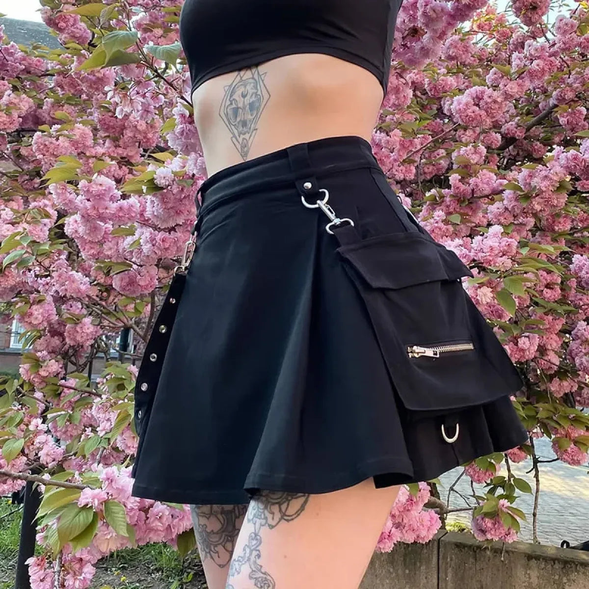 Gothic Punk High Waist Mini Skirt – Chain Straps & Utility Pockets - Black - Skirts