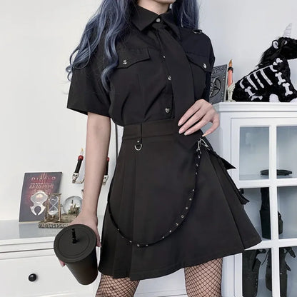 Gothic Punk High Waist Mini Skirt – Chain Straps & Utility Pockets - - Skirts