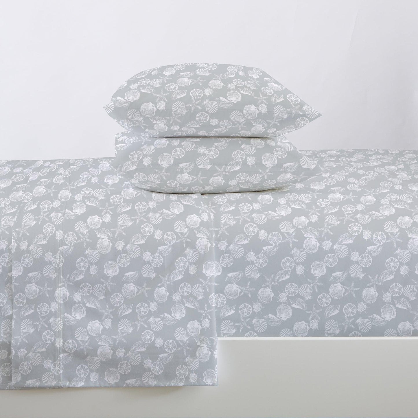 Coastal Printed Sheet Set - Newport Collection - King Seashell - Grey - Bed Sheets