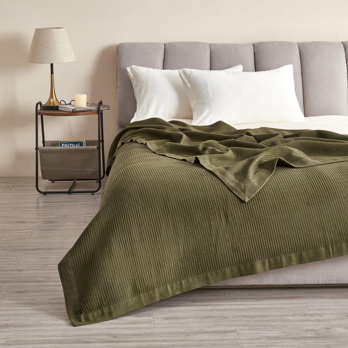 100% Cotton Small Waffle Weave Blanket - Hazel Collection - Olive Green - Blankets