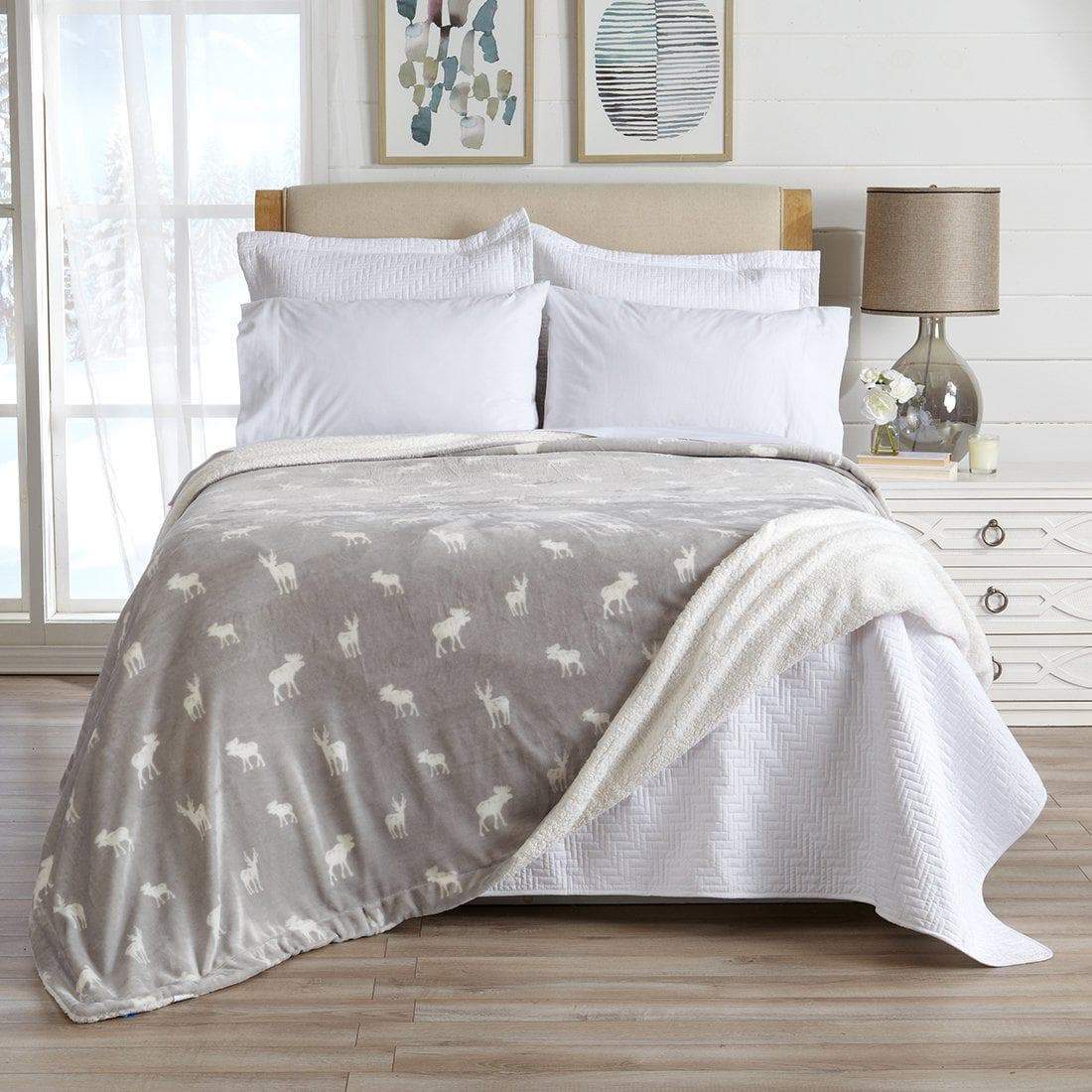 Velvet Plush Sherpa Luxury Bed Blanket - Kinsley Collection - Grey Moose -