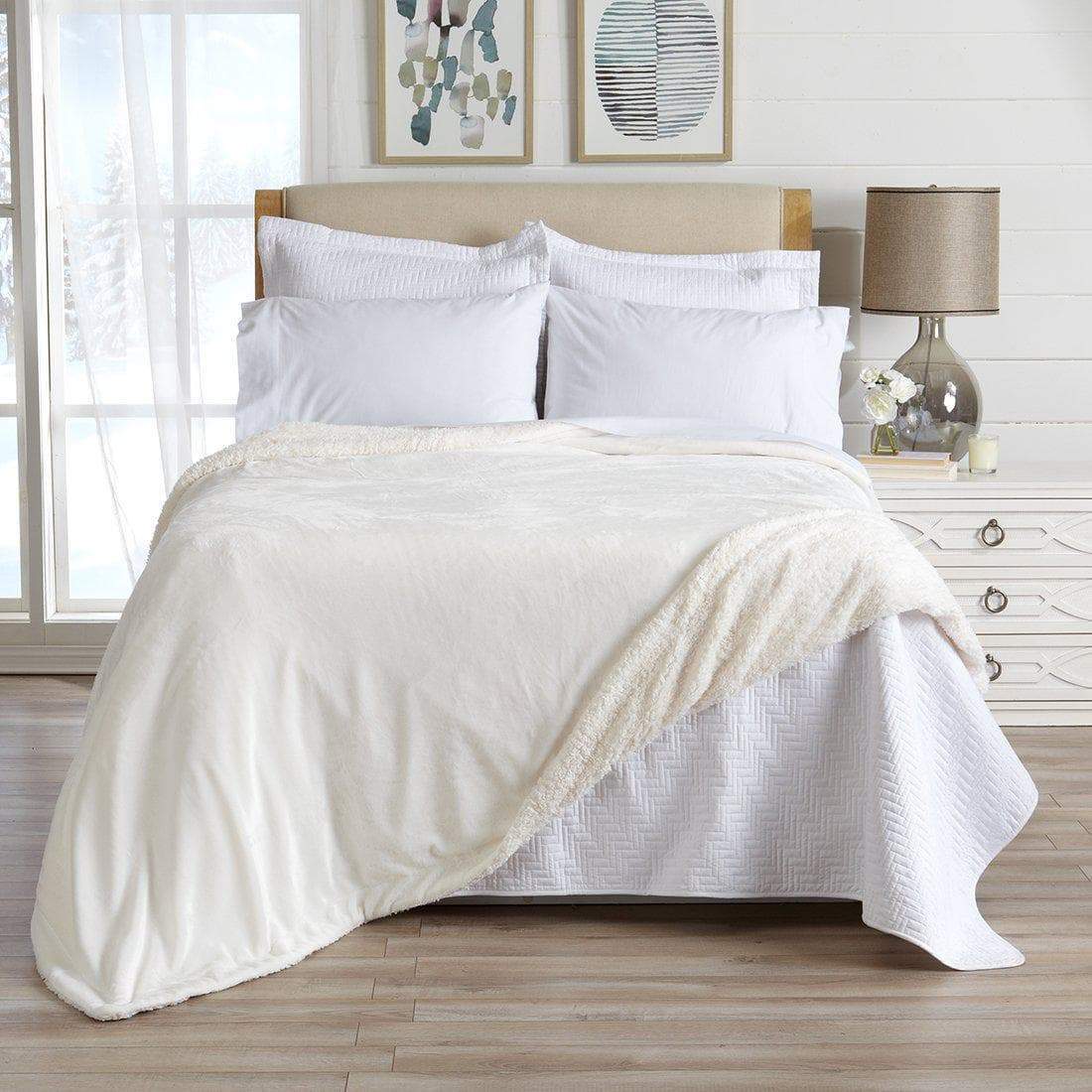 Velvet Plush Sherpa Luxury Bed Blanket - Kinsley Collection - Optic White -