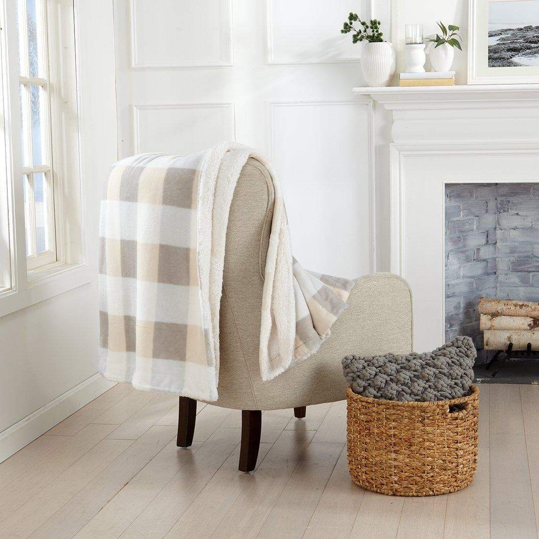 Velvet Plush Sherpa Luxury Bed Blanket - Kinsley Collection - 50" x 60" Throw Soft Taupe Pale Grey Buffalo Check -