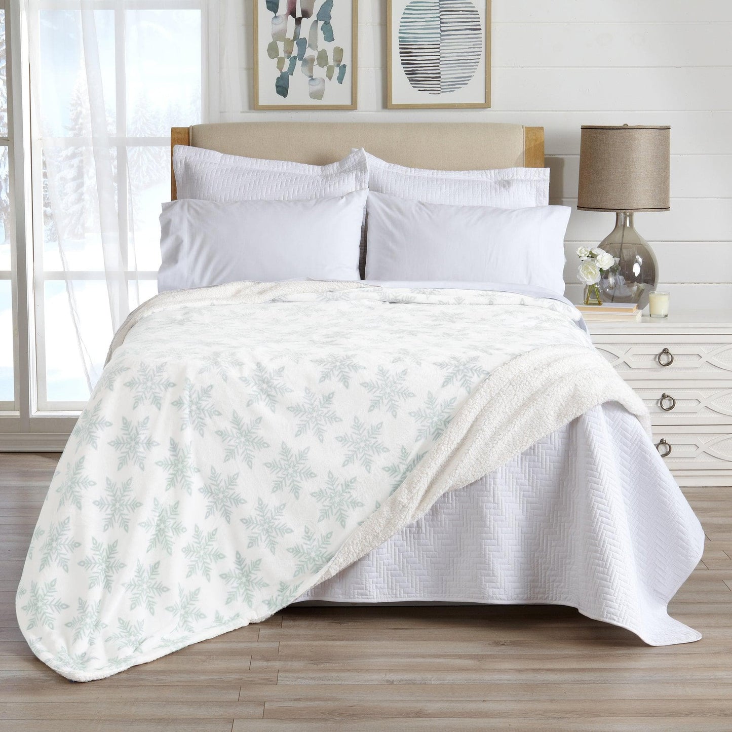 Velvet Plush Sherpa Luxury Bed Blanket - Kinsley Collection - Pale Blue Snowflake -