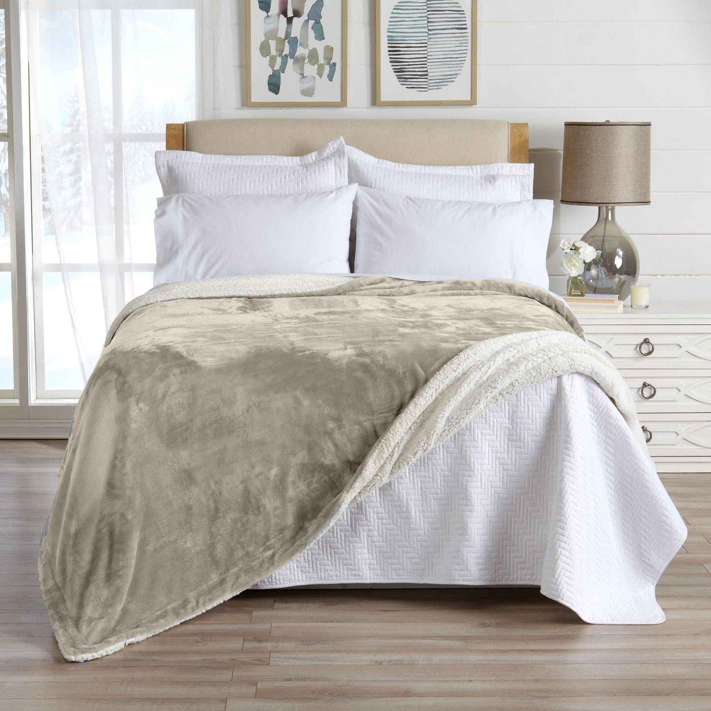 Velvet Plush Sherpa Luxury Bed Blanket - Kinsley Collection - Full Queen Taupe -