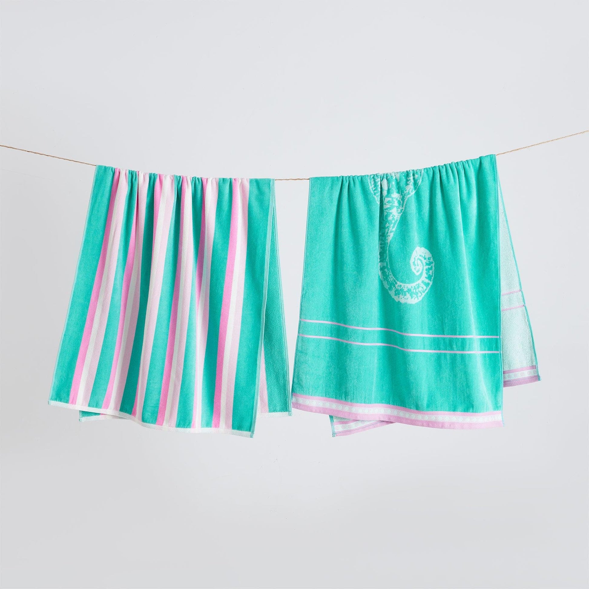 2 Pack 100% Cotton Jacquard Beach Towels - Playa Collection - 2 Pack- 30" x 60" Seahorse Green Pink - Beach Towels