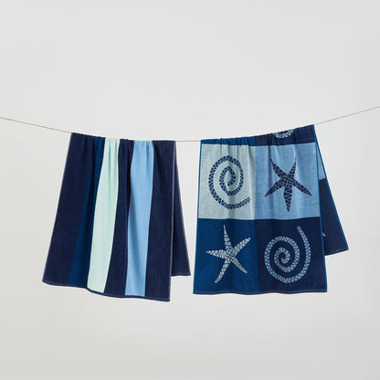 2 Pack 100% Cotton Jacquard Beach Towels - Playa Collection - 2 Pack- 30" x 60" Starfish Stripe - Beach Towels