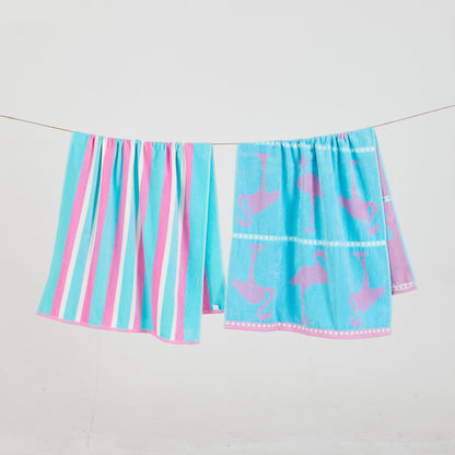 2 Pack 100% Cotton Jacquard Beach Towels - Playa Collection - 2 Pack- 30" x 60" Flamingo Blue Pink - Beach Towels
