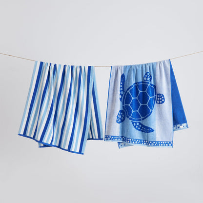 2 Pack 100% Cotton Jacquard Beach Towels - Playa Collection - 2 Pack- 30" x 60" Turtles Stripe - Beach Towels