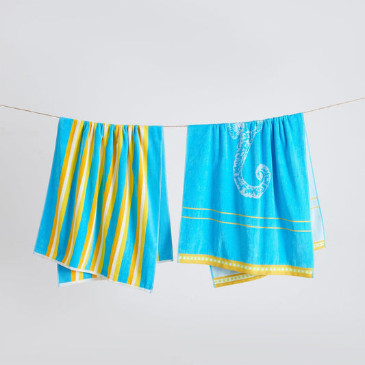 2 Pack 100% Cotton Jacquard Beach Towels - 2 Pack- 30" x 60" Seahorse Blue Yellow - Beach Towels