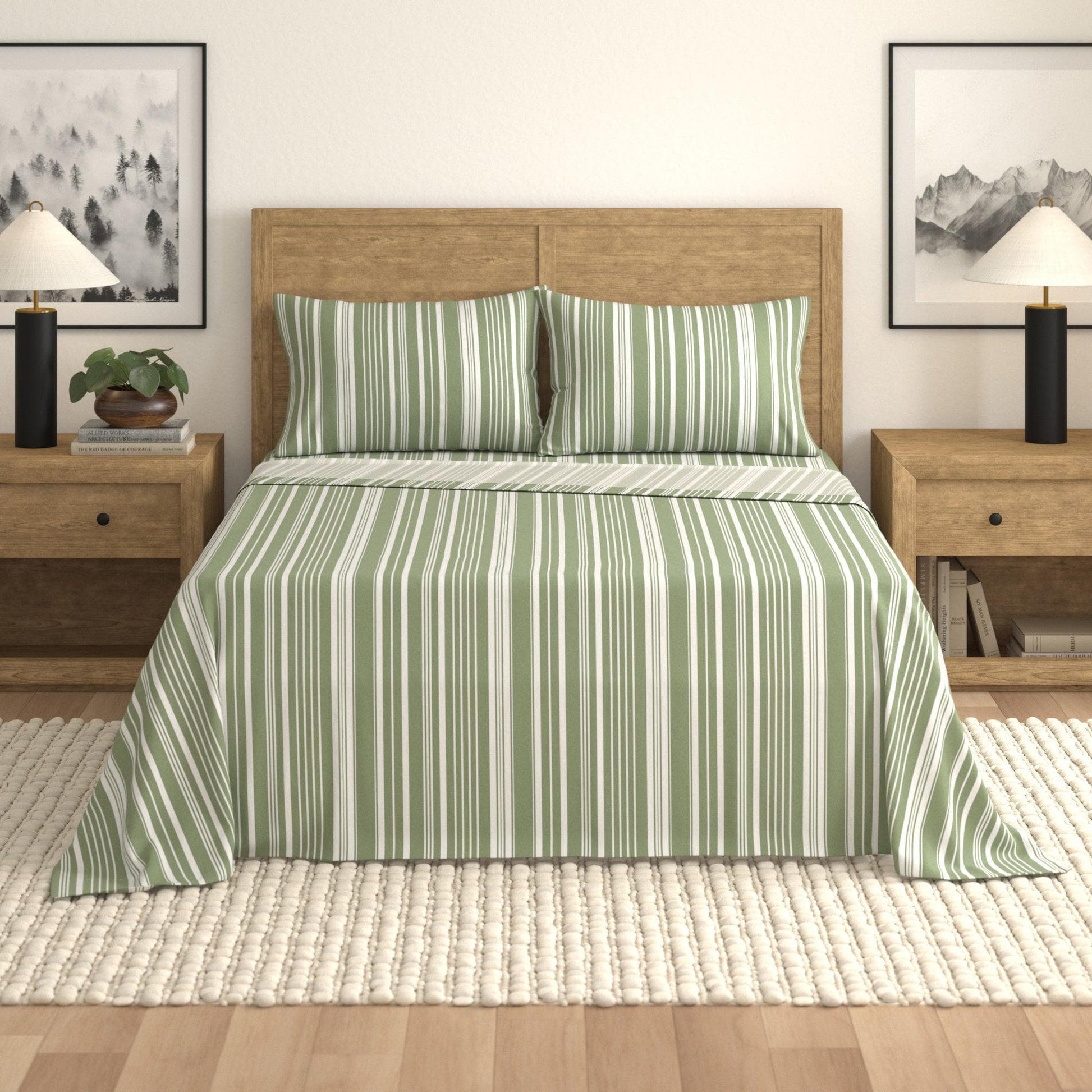 Striped Sheet Set - Elouise Collection - King Sage Green Stripe - Bed Sheets