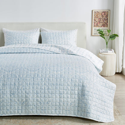 Floral Medallion Printed Microfiber Quilt Set - Kaleigh Collection - Blue Floral - Quilts & Comforters