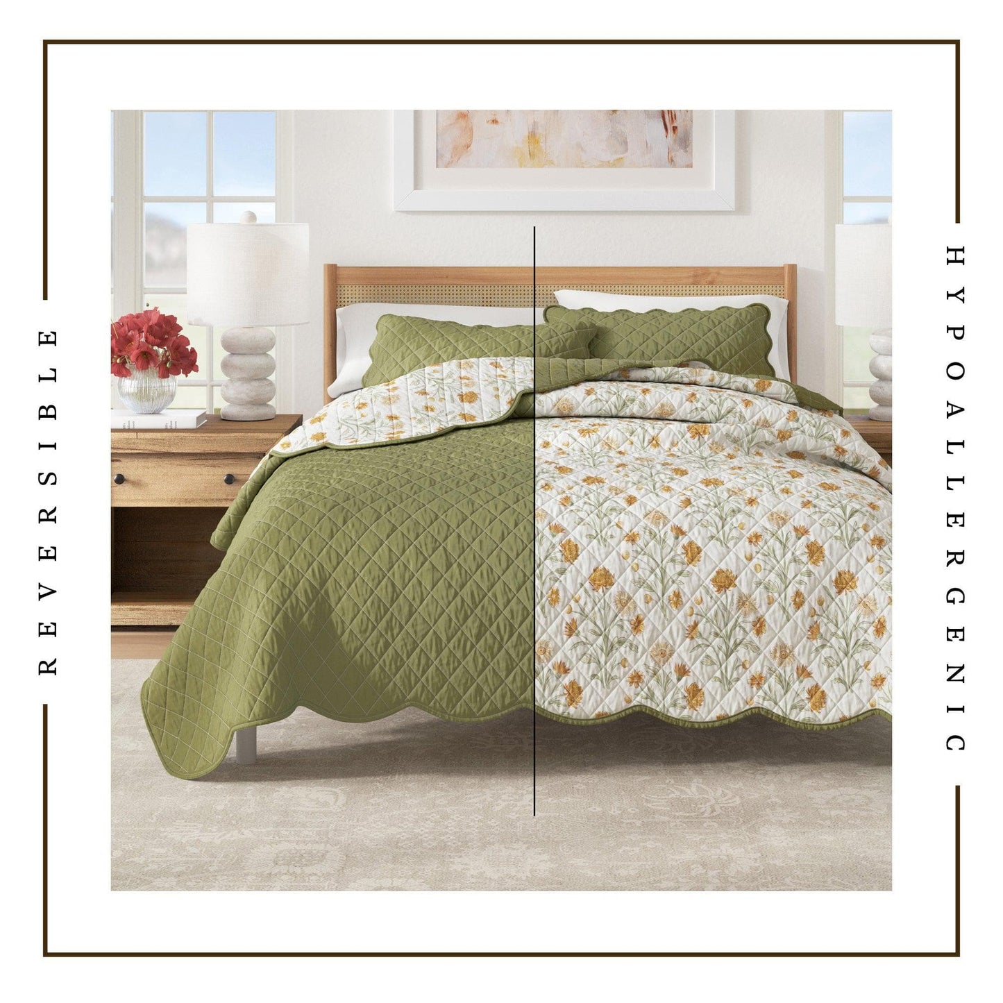 Floral Print & Scallopeded Edge Cotton Quilt Set - Illiana Collection - - Quilts & Comforters