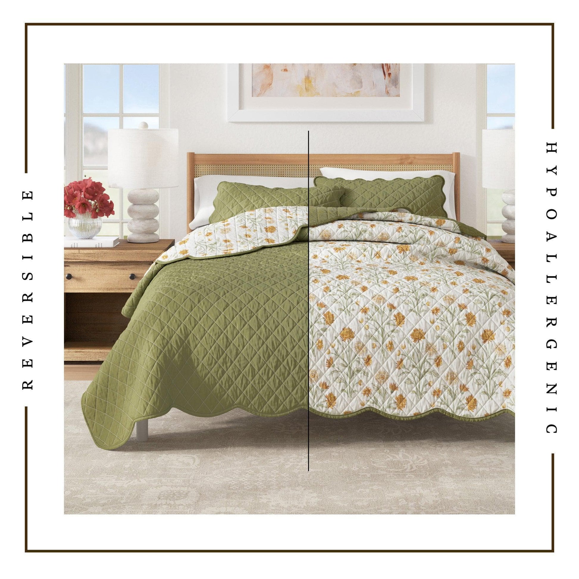 Floral Print & Scallopeded Edge Cotton Quilt Set - Illiana Collection - - Quilts & Comforters