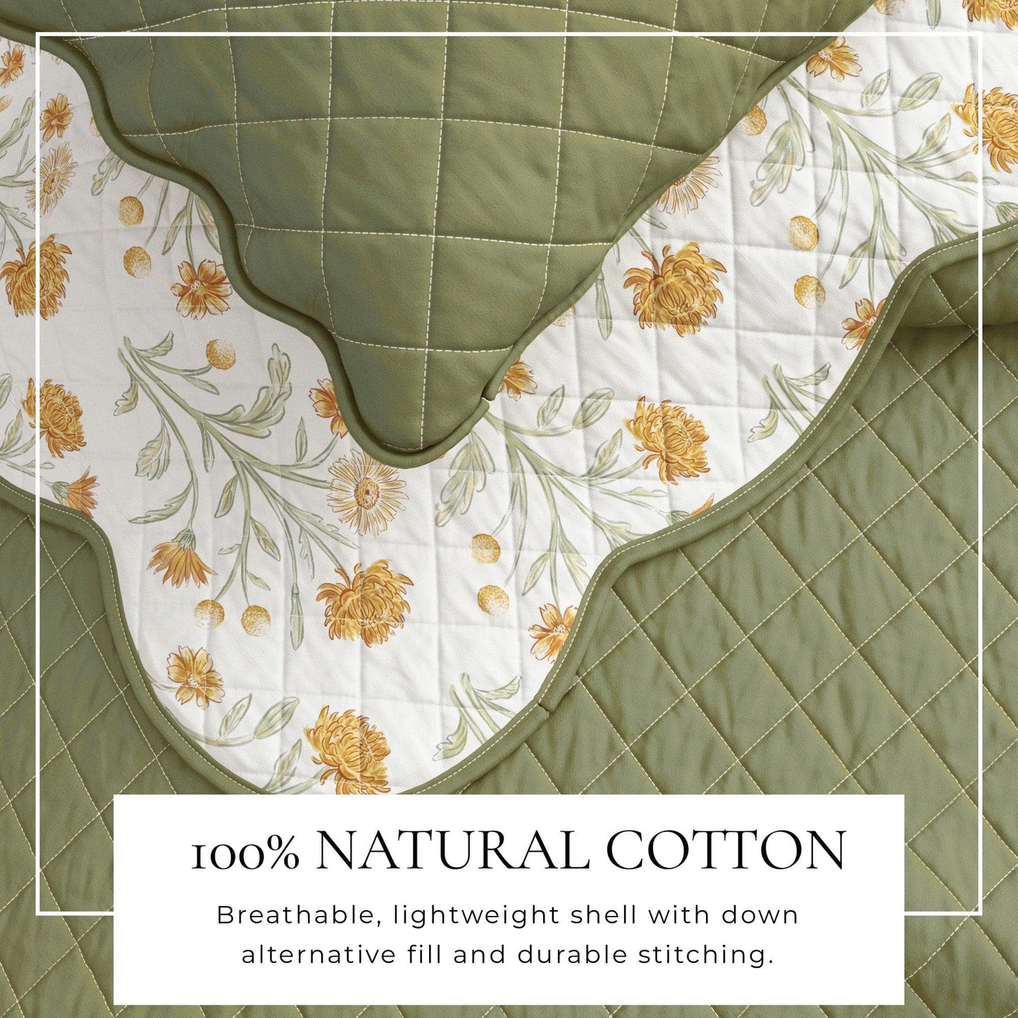 Floral Print & Scallopeded Edge Cotton Quilt Set - Illiana Collection - - Quilts & Comforters