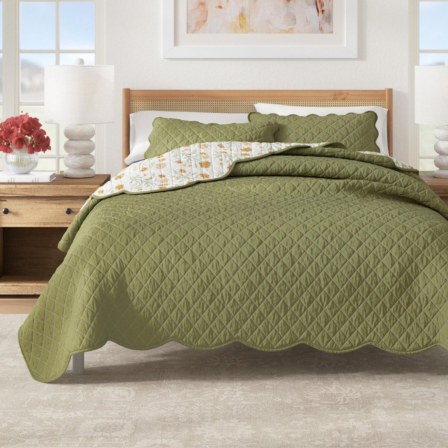 Floral Print & Scallopeded Edge Cotton Quilt Set - Illiana Collection - Morning Blossoms - Quilts & Comforters
