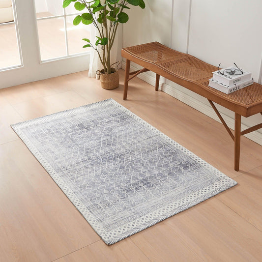 Distressed Moroccan Machine Washable Accent Area Rug 3 x 5 - Neve Collection - 3’ x 5’ Blue - Rugs