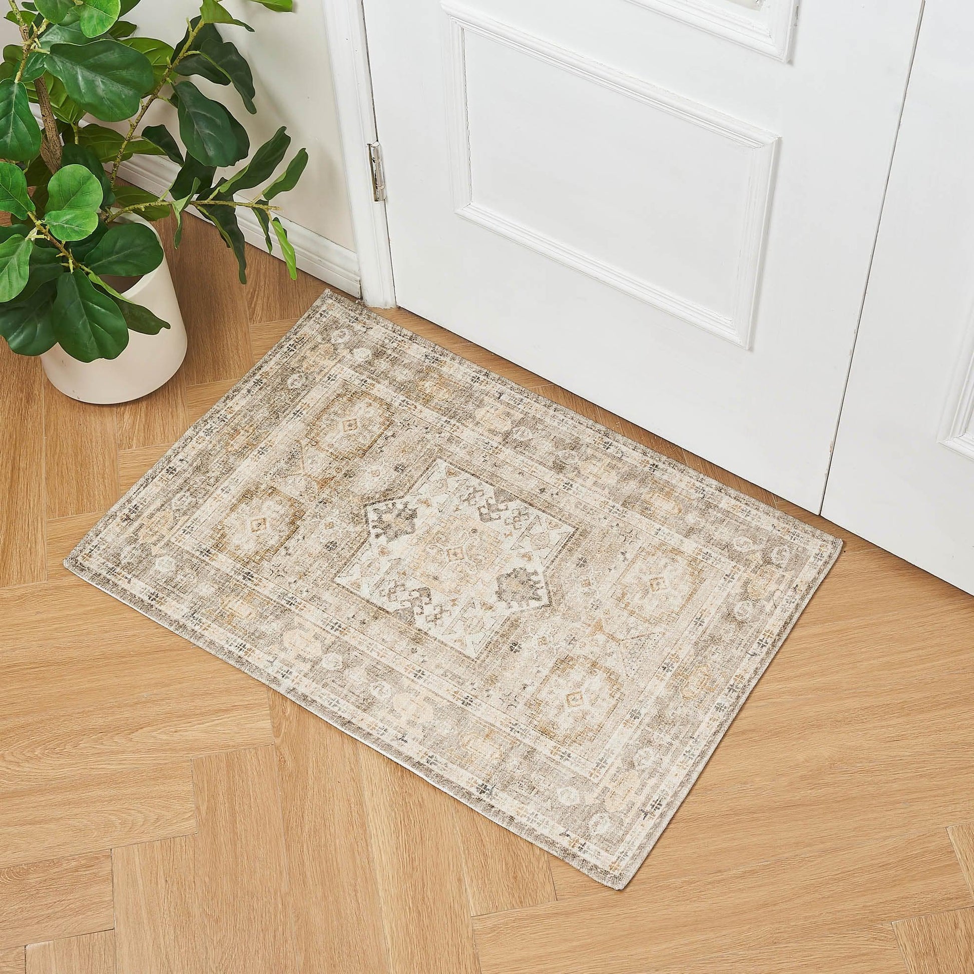 Medallion Machine Washable Accent Rug 2' x 3' - Nava Collection - 2' x 3' Tan - Rugs