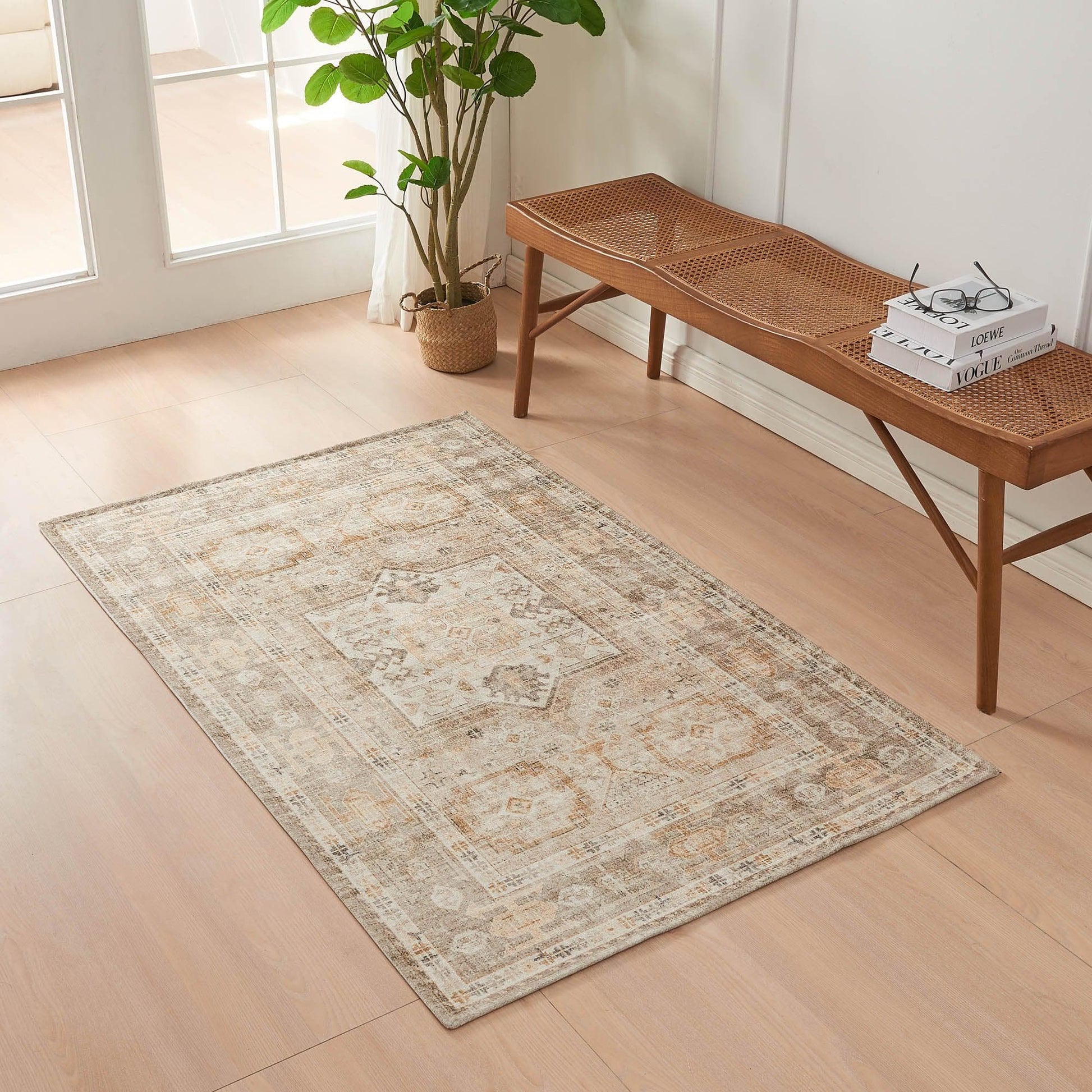Medallion Machine Washable Accent Area Rug 3x5 - 3’ x 5’ Tan - Rugs