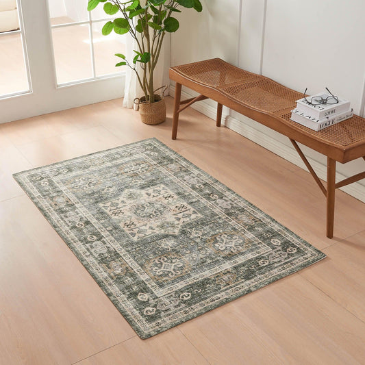 Medallion Machine Washable Accent Area Rug 3x5 - 3’ x 5’ Green - Rugs