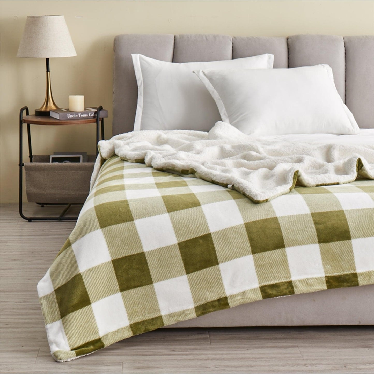 Velvet Plush Sherpa Luxury Bed Blanket - Kinsley Collection - Olive Green Buffalo Checks -