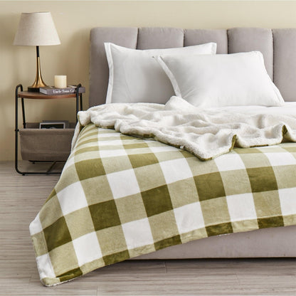 Velvet Plush Sherpa Luxury Bed Blanket - Kinsley Collection - Olive Green Buffalo Checks -