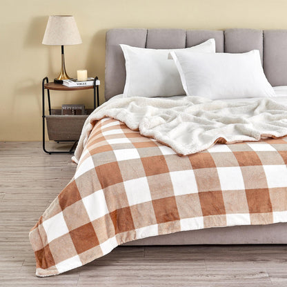 Velvet Plush Sherpa Luxury Bed Blanket - Kinsley Collection - Terracotta Buffalo Checks -