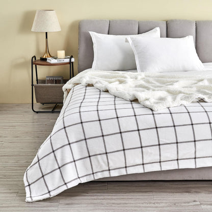 Velvet Plush Sherpa Luxury Bed Blanket - Kinsley Collection - Grey Windowpane -