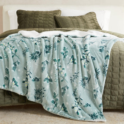 Velvet Plush Sherpa Luxury Bed Blanket - Kinsley Collection - 50" x 60" Throw Snowy Botanical -