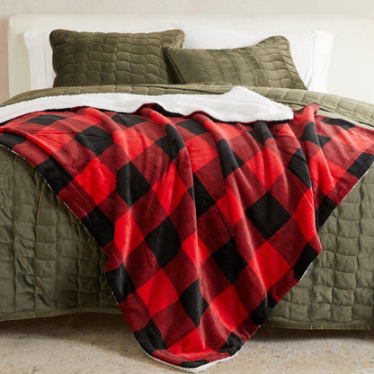 Velvet Plush Sherpa Luxury Bed Blanket - Kinsley Collection - 50" x 60" Throw Buffalo Check - Red Black -