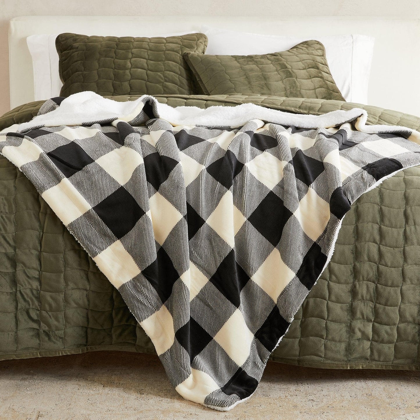 Velvet Plush Sherpa Luxury Bed Blanket - Kinsley Collection - 50" x 60" Throw Buffalo Check - Black White -