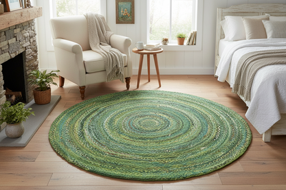 Green Handmade Round Braided Reversible Cotton Rug - - rug