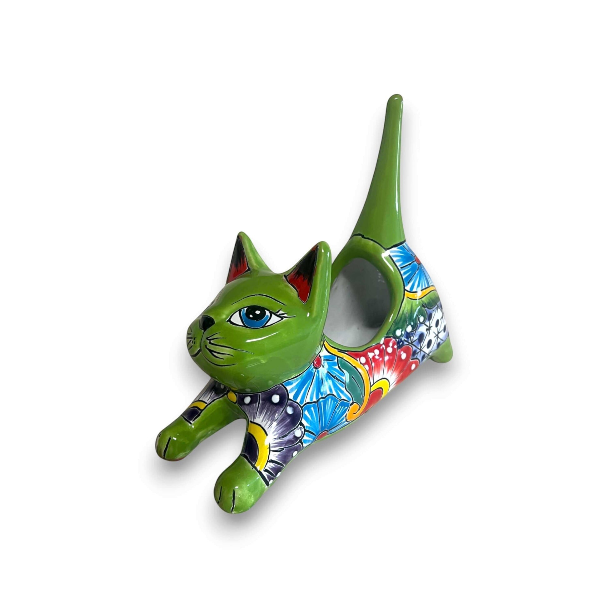 Talavera Cat Planter Colorful Handmade Stretching Animal Pot - - Talavera Planter