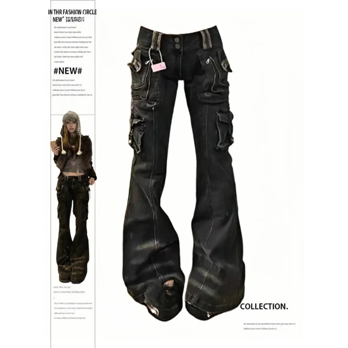Grunge Harajuku Y2K Cargo Jeans – Cyberpunk Gyaru Pants - Black - Women's Jeans