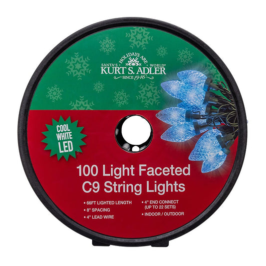 100-Light Cool White LED Faceted C9 Green Wire String Lights - - Christmas >> Lighting