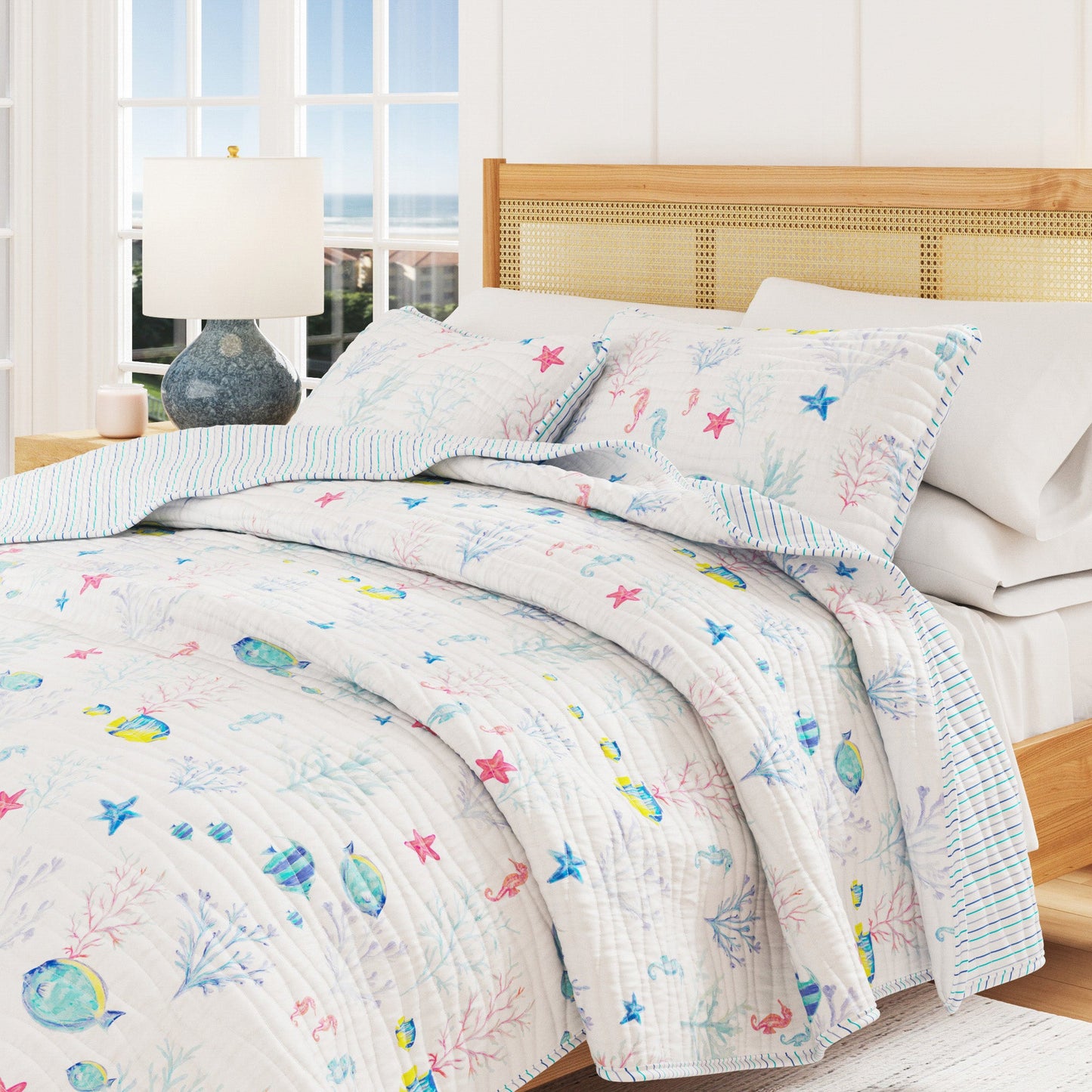 Colorful Coastal Seascape Quilt Set - Ryanne Collection - - Quilts & Comforters
