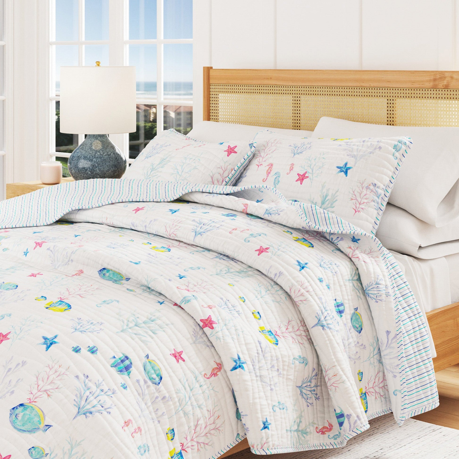 Colorful Coastal Seascape Quilt Set - Ryanne Collection - - Quilts & Comforters