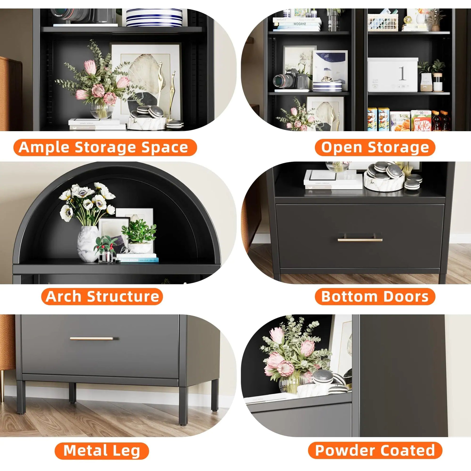 Black Metal Arched Bookshelf with Drawer - - Shelf
