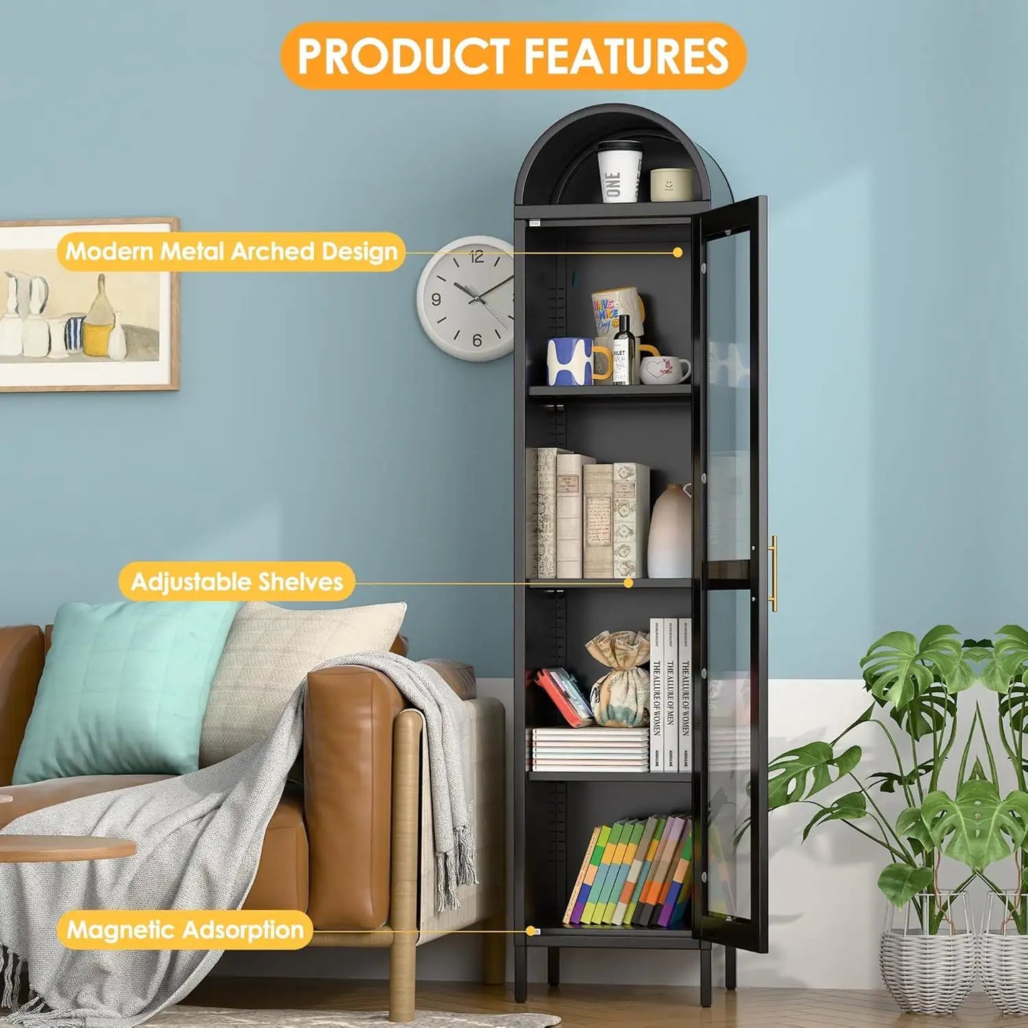 73 In Tall Metal Arched Cabinet Kitchen With Glass Door - - cabinet