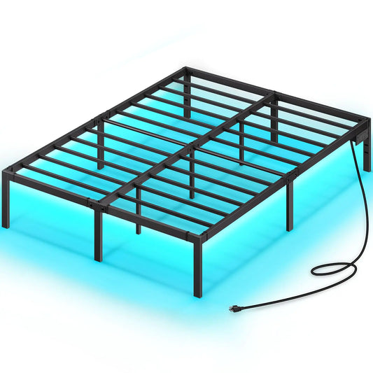 Rolanstar Full Bed Frame with LED Lights USB Charging Station Platform Bed