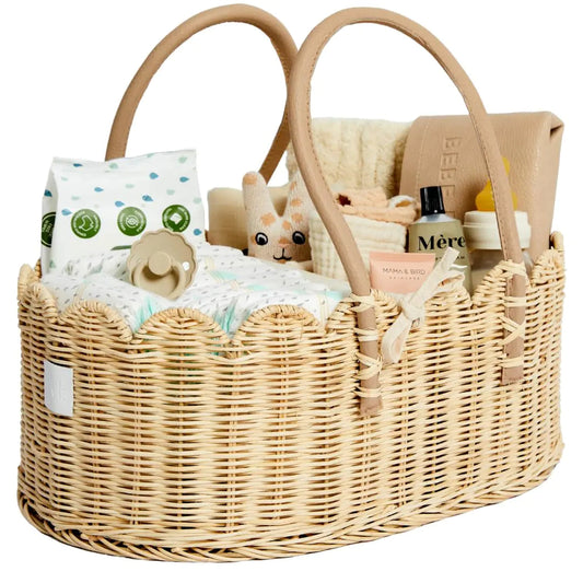 BEBE BASK Baby Diaper Caddy Organizer - Artisan-Crafted Scalloped Rattan Basket - Luxurious Diaper Caddy Basket - Elegant Scalloped Basket (Natural) Kia Day Design