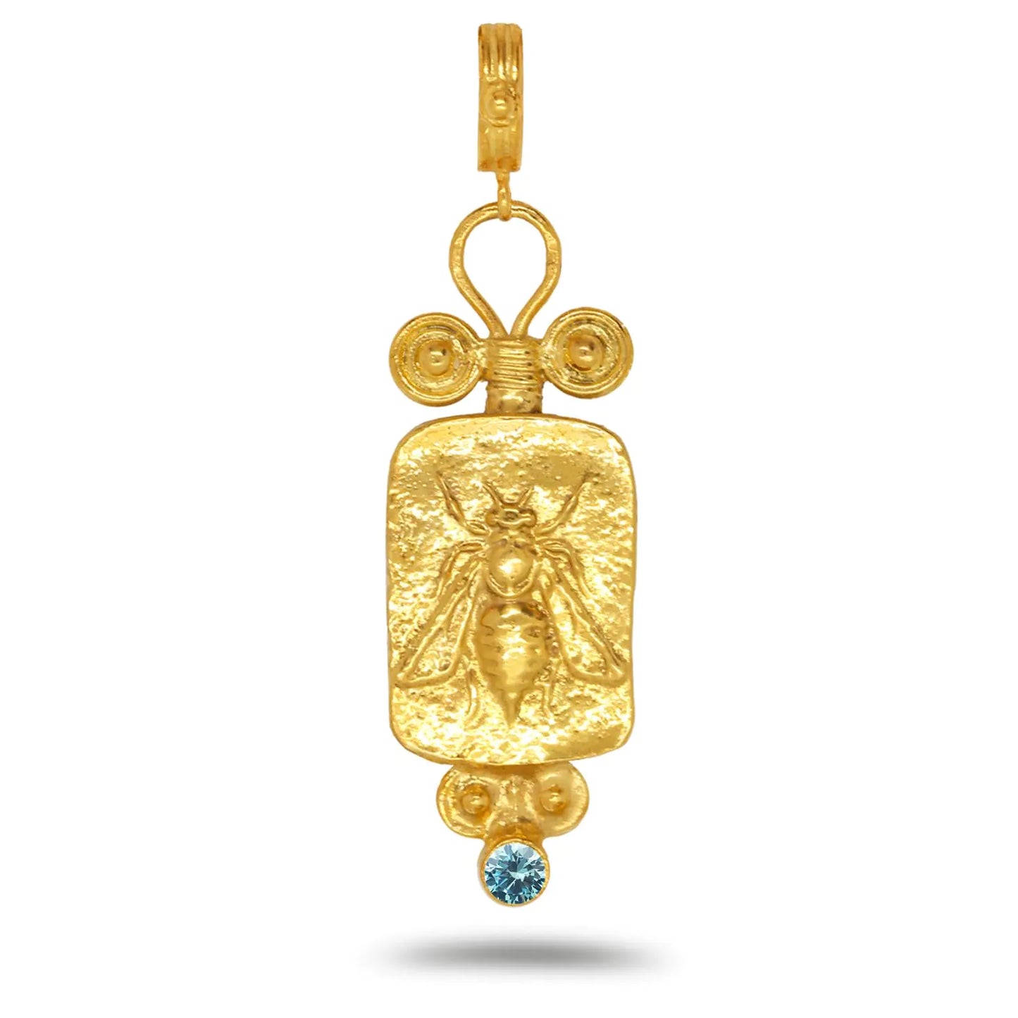 Caprixus 925 Sterling Silver Pendant Ancient Artemis Greek Queen Honey Bee Coin 24K Gold Vermeil Light Blue Color Cubic Zirconia Turkish Fine Bumblebee Jewelry for Women