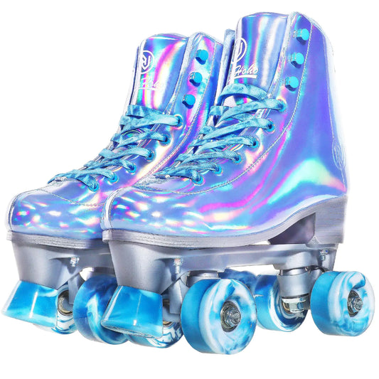 JajaHoho Roller Skates for Women Shiny Holographic High Top Rollerskates Mixture Color Double-Row Four Colour Frozen Wheels Quad Skates for Girls Age 8-51 Indoor Outdoor (Very Peri Blue Size 7)