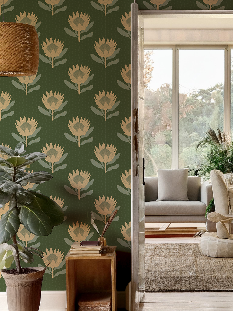 King Protea Wallpaper, forest green and butter yellow- Samantha Santana Creative- {{Product type}}