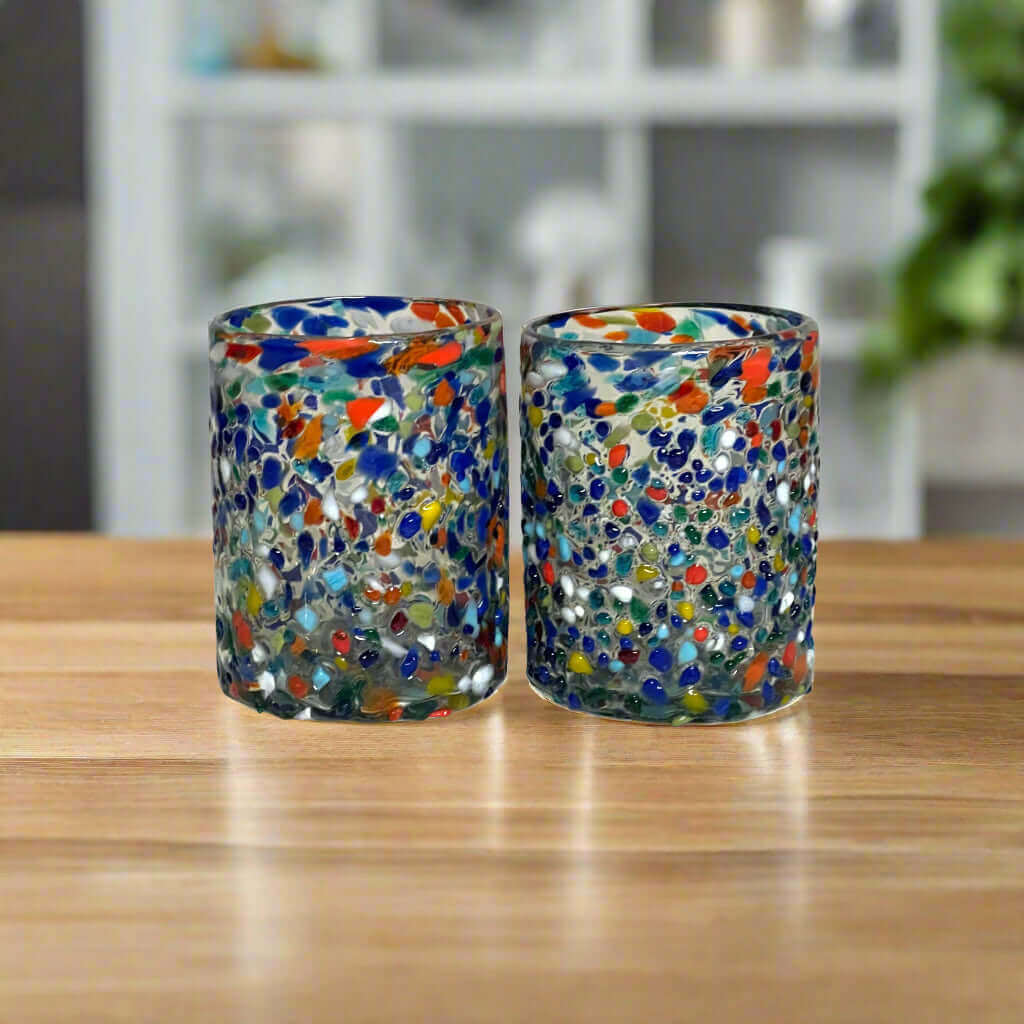 Confetti Pebbled Tumbler Hand-Blown Mexican Glassware - Set of 2 - Mexican Drinking Glass