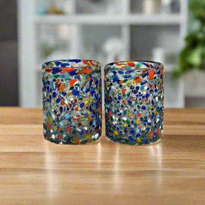 Confetti Pebbled Tumbler Hand-Blown Mexican Glassware - Set of 2 - Mexican Drinking Glass