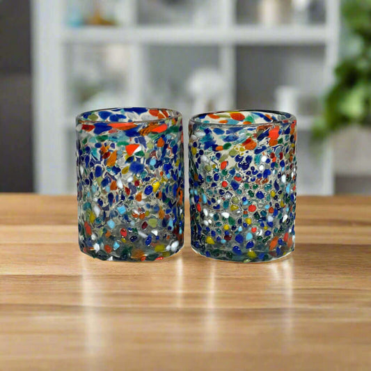 Confetti Pebbled Tumbler Hand-Blown Mexican Glassware - Set of 2 - Mexican Drinking Glass