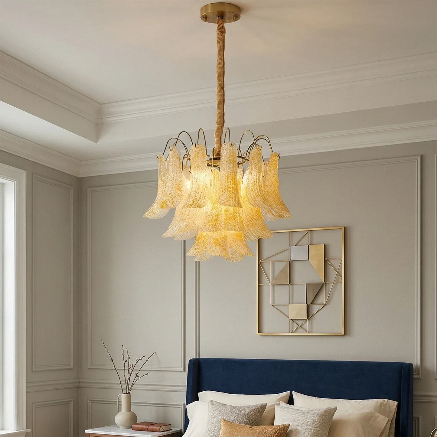 Hand-blown Wave Point Murano Glass Chandelier - ∅ 19.7″ x H 18.9″ Gold + Yellow - Chandelier