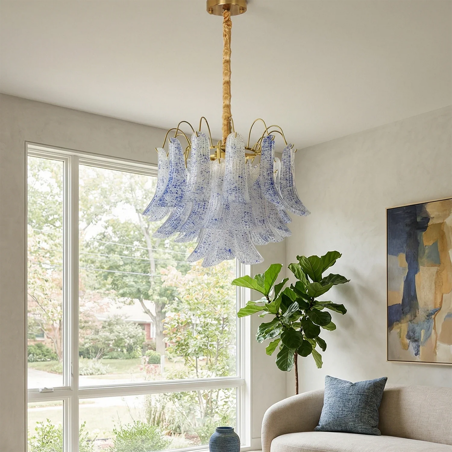 Hand-blown Wave Point Murano Glass Chandelier - ∅ 23.6″ x H 18.9″ Gold + Blue - Chandelier