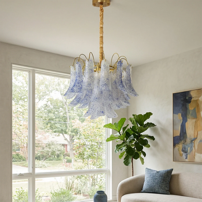 Hand-blown Wave Point Murano Glass Chandelier - ∅ 23.6″ x H 18.9″ Gold + Blue - Chandelier